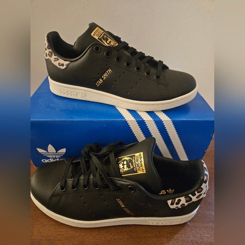 Adidas Stan Smith Black Sneakers with Leopard and Gold Accents